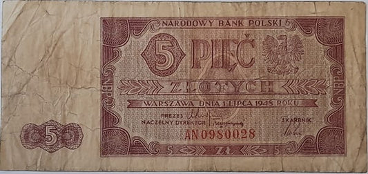 Banknot 5 złotych 1948 r. stan 4