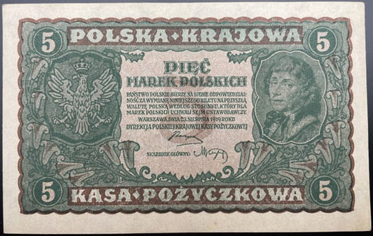 Banknot 5 marek polskich 1919 r. stan 1